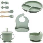 Silicone Baby Feeding Set, Complete 8-Piece Baby Led Weaning Set | Baby Feeding Product,Suction Plate, Bowl,Cup, 2 Spoon, 2 Fork and Bib for Baby (Green)