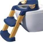 Potty Training Seat with Ladder Collapsible Training for Boys and Girls Toilet Training Seat, Adjustable Staircase Potty Chair, Comfortable PU Cushion, Load-Bearing 50kg(Blue)