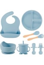 Silicone Baby Feeding Set, Complete 8-Piece Baby Led Weaning Set | Baby Feeding Product,Suction Plate, Bowl,Cup, 2 Spoon, 2 Fork and Bib for Baby (Sky Blue)