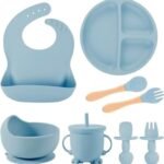 Silicone Baby Feeding Set, Complete 8-Piece Baby Led Weaning Set | Baby Feeding Product,Suction Plate, Bowl,Cup, 2 Spoon, 2 Fork and Bib for Baby (Sky Blue)