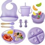 Silicone Baby Feeding Set, Complete 8-Piece Baby Led Weaning Set | Baby Feeding Product,Suction Plate, Bowl,Cup, 2 Spoon, 2 Fork and Bib for Baby (Purple)