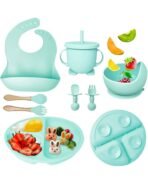 Silicone Baby Feeding Set, Complete 8-Piece Baby Led Weaning Set | Baby Feeding Product,Suction Plate, Bowl,Cup, 2 Spoon, 2 Fork and Bib for Baby (Mint Blue)