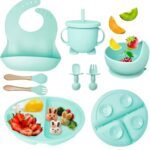 Silicone Baby Feeding Set, Complete 8-Piece Baby Led Weaning Set | Baby Feeding Product,Suction Plate, Bowl,Cup, 2 Spoon, 2 Fork and Bib for Baby (Mint Blue)