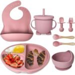 Silicone Baby Feeding Set, Complete 8-Piece Baby Led Weaning Set | Baby Feeding Product,Suction Plate, Bowl,Cup, 2 Spoon, 2 Fork and Bib for Baby (Pink)