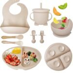 Silicone Baby Feeding Set, Complete 8-Piece Baby Led Weaning Set | Baby Feeding Product,Suction Plate, Bowl,Cup, 2 Spoon, 2 Fork and Bib for Baby (Cream)