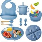 Silicone Baby Feeding Set, Complete 8-Piece Baby Led Weaning Set | Baby Feeding Product,Suction Plate, Bowl,Cup, 2 Spoon, 2 Fork and Bib for Baby (Dark Blue)