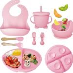 Silicone Baby Feeding Set, Complete 8-Piece Baby Led Weaning Set | Baby Feeding Product,Suction Plate, Bowl,Cup, 2 Spoon, 2 Fork and Bib for Baby (Rose Pink)