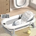 Splash & Play Foldable Baby Bath Tub with Cushion & Temperature Indicator, Thickened Edge Design, Soft and Durable PP Material, for 0-24 Months (Grey & White)