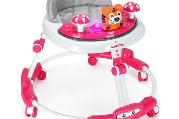 Baby Walker Merry for Baby Kids 6 to 18months with Music Tray/3level Height Adjustment/Multi-Function Anti-Rollover Folding Walker/Food Tray (Pink)
