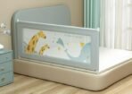 Premium Vertical Lift Baby Bed Rail Guard – Extra Tall Safety Bed Guard for Toddlers & Infants – Breathable Mesh with Cute Animal Prints – Adjustable Anti-Fall Bed Rail for Queen, King, & Twin Size Beds (Grey/Elephant & Giraffe)