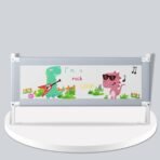Premium Vertical Lift Baby Bed Rail Guard – Extra Tall Safety Barrier for Toddlers & Kids – Breathable Mesh with "Rock Star" Dinosaur Prints – Adjustable Anti-Fall Bed Protector for Twin, Queen, & King Size Beds (Grey/Dinosaur Theme)
