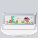 Premium Vertical Lift Baby Bed Rail Guard – Extra Tall Safety Barrier for Toddlers & Kids – Breathable Mesh with "Rock Star" Dinosaur Prints – Adjustable Anti-Fall Bed Protector for Twin, Queen, & King Size Beds (Grey/Dinosaur Theme)