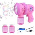 Aria Automatic Space Bubble Gun for Kids – 12-Hole Porous Bubble Machine with Bright LED Lights – Leak-Proof Design with 2 Bottles of Bubble Solution – Battery Operated Outdoor Toy for Toddlers & Parties