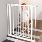Premium Pressure-Mounted Baby Safety Gate – Extra Wide Metal Walk-Thru Gate for Stairs & Doorways – Auto-Close Feature with Dual-Lock System – Drill-Free Child & Pet Safety Barrier (White)