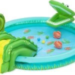 Richtots Premium Bestway #53166 Crocodile Cove Inflatable Play Center – 8ft Kids Splash Pool with Water Slide, Sprayer, and Fishing Game