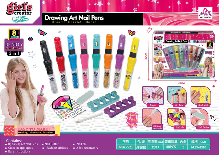 nailpens Richtots Premium 8-Piece Drawing Art Nail Pens Set, 3-in-1 DIY Beauty Nail Art Studio with Glittery Decorations, Stickers, and Tools, Non-Toxic Creative Gift for Girls - Image 1