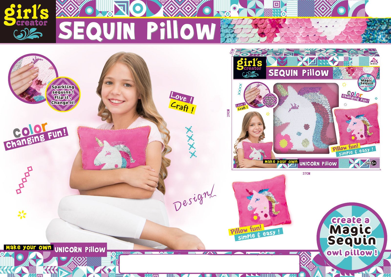 unicornpillow2 Richtots Premium DIY Magic Sequin Unicorn Pillow Kit, Reversible Color-Changing Sequin Art Craft, Creative Soft Plush Decor Set for Girls Ages 5+ - Image 1