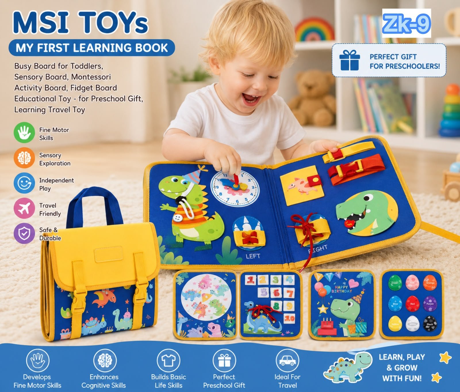 Richtots premium Busy Board for Toddlers,Montessori Toys for Boys Girls 1 2 3 4 5 6 7 Year Old,Early Educational Activity Baby Sensory Toy,Autism Busy Book Travel Toys for Kids (Dinosaur Birthday) - Image 1
