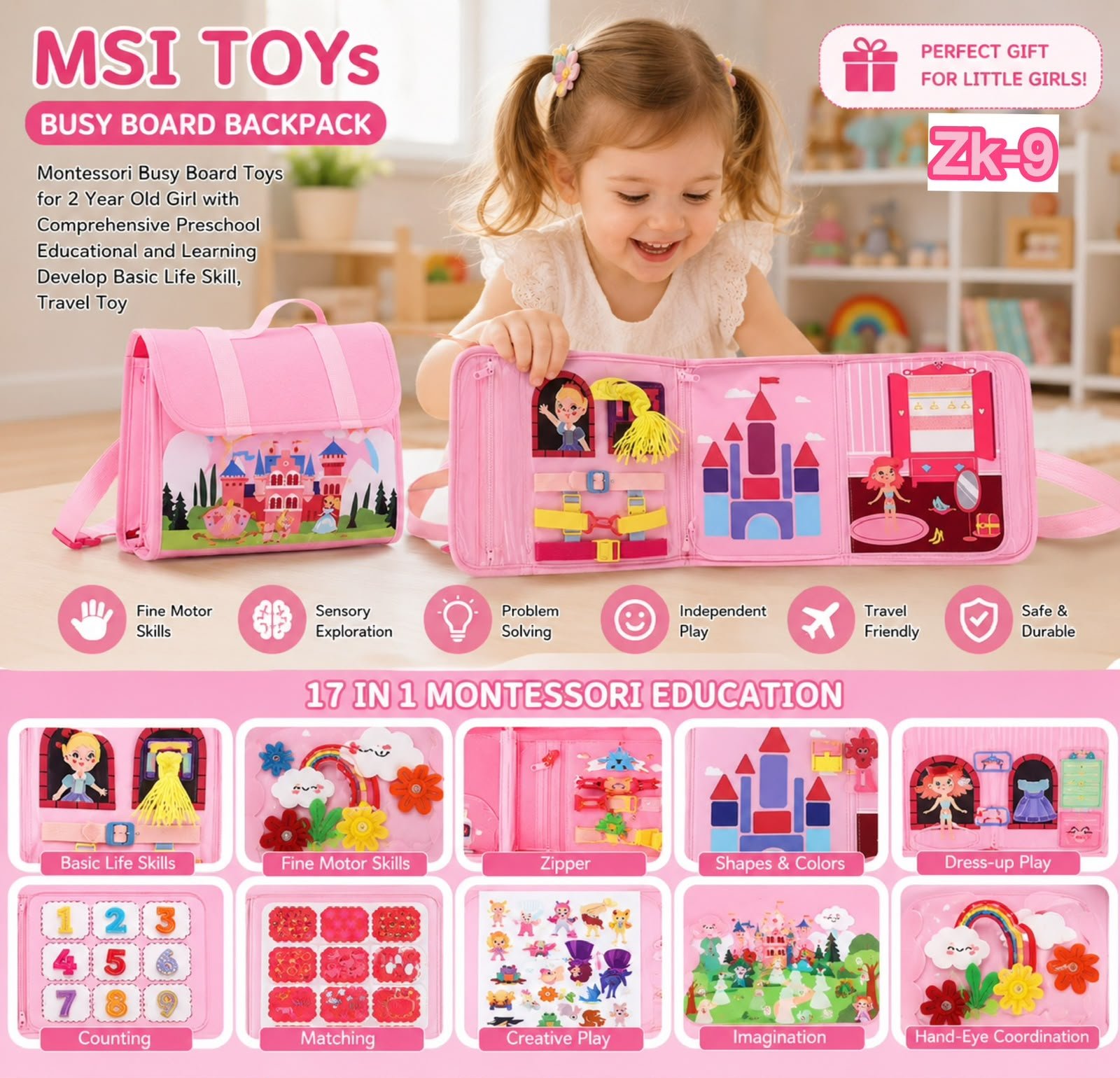 Richtots premium Castle Busy Board for Toddlers 1-3 Backpack, Montessori Busy Board Toys for 2 Year Old Girl with Comprehensive Preschool Educational and Learning Develop Basic Life Skill, Travel Toy - Image 1