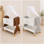 Richtots Premium Wooden Baby Cradle with Gentle Swings, Mosquito Net, Storage Shelf & Wheels