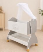 Richtots Premium Wooden Baby Cradle with Gentle Swings, Mosquito Net, Storage Shelf & Wheels - Image 2