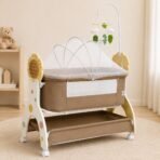 Richtots Premium Wooden Manual Baby Cradle with Bedside Opening, Mosquito Net, Storage Basket & Wheels