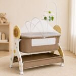 Richtots Premium Wooden Manual Baby Cradle with Bedside Opening, Mosquito Net, Storage Basket & Wheels