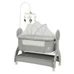 Richtots Premium Wooden Manual Baby Cradle with Bedside Opening, Mosquito Net, Storage Basket & Wheels - Image 4