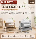 Richtots Premium Wooden Manual Baby Cradle with Bedside Opening, Mosquito Net, Storage Basket & Wheels - Image 2