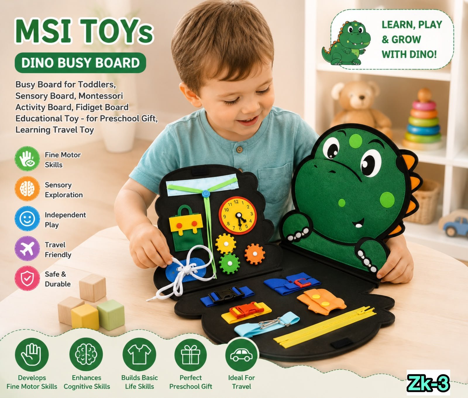 Richtots Premium Busy Board, Busy Board for Toddlers, Sensory Board, Montessori Activity Board, Fidget Board Educational Toy - for Preschool Gift, Learning Travel Toy (Dino) - Image 1