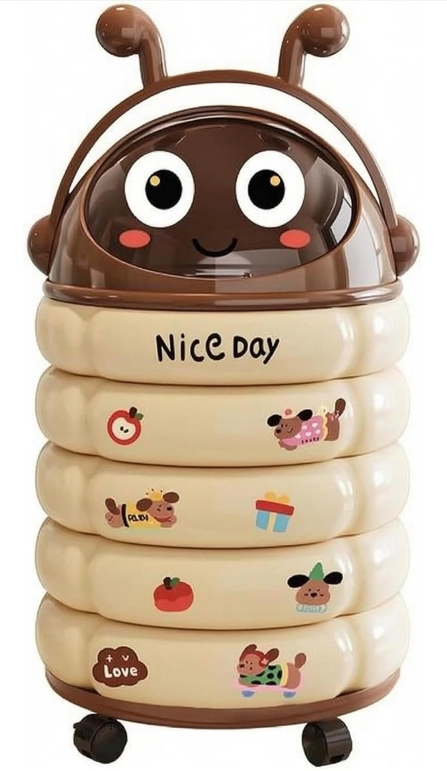 71VAlZePF7L._SL1500_ Premium Trash Can Easy to Move Cute Lidded Trash Bin Cartoon Style Wheeled Waste Bin for Kids, Bedroom, Living Room Cream Red|Home & Garden| Household Supplies & Cleaning|Wastebasket - Image 1