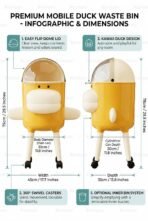 Click to see full view Premium Mobile Duck Waste Bin with Flip Dome Lid & 360° Swivel Wheels – Cute Kawaii Rolling Trash Can with Removable Inner Bucket for Kids Room, Nursery, Bedroom & Home Office Decor - Image 7