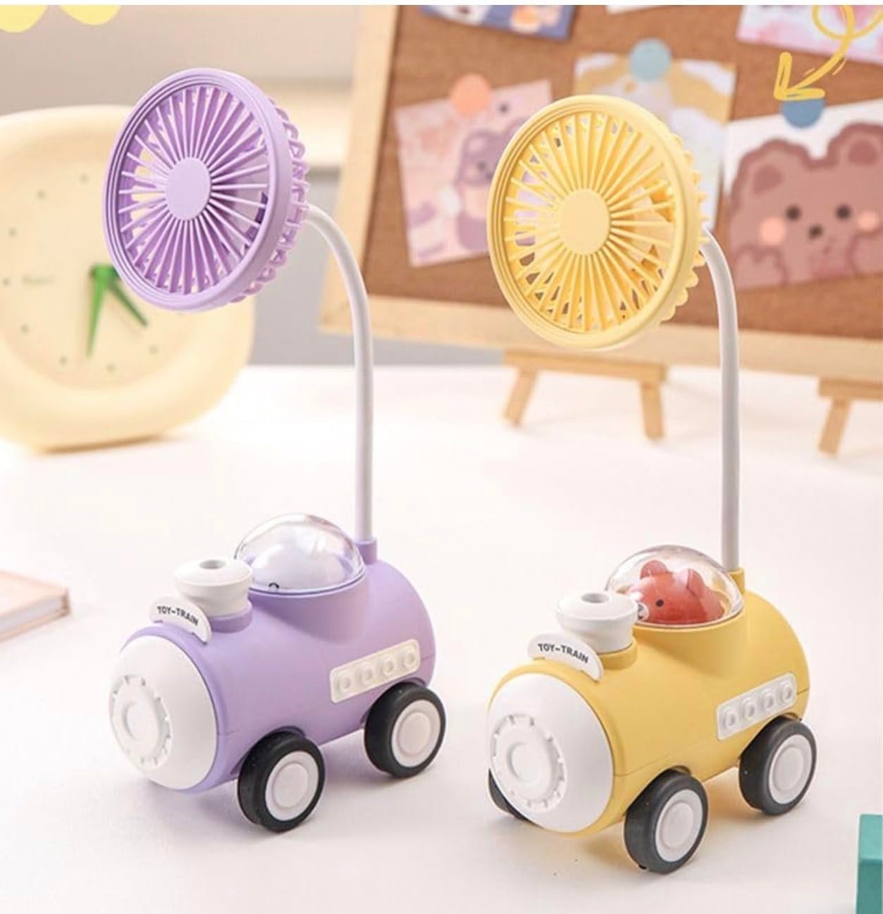 Richtots Premium Mini Train Desk Fan with Flexible Neck and sharpener, with Teddy light Portable USB Rechargeable Random Colour - Image 1