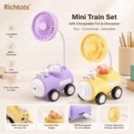 Richtots Premium Mini Train Desk Fan with Flexible Neck and sharpener, with Teddy light Portable USB Rechargeable Random Colour - Image 2